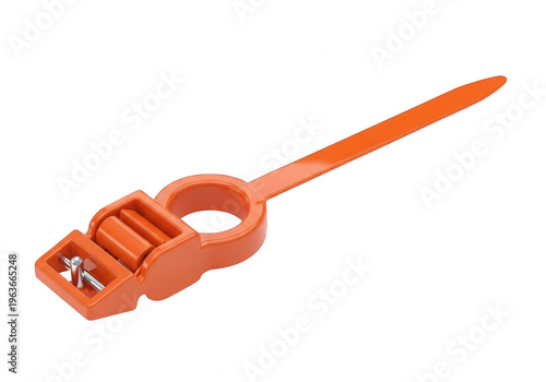 Orange plastic cable tie with locking mechanism attached to a wire bundle
