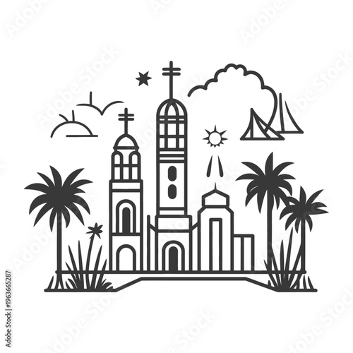 Black and white outline of coastal city with palm trees and towers