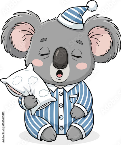A cartoon koala wearing pajamas and a nightcap holds a pillow and yawns, conveying a sense of sleepiness and coziness.