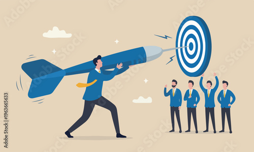 Aiming for meeting together bank target, success or accuracy, ambition or determination to reach business target concept, businessman throwing huge dart, aiming to hit dartboard bullseye