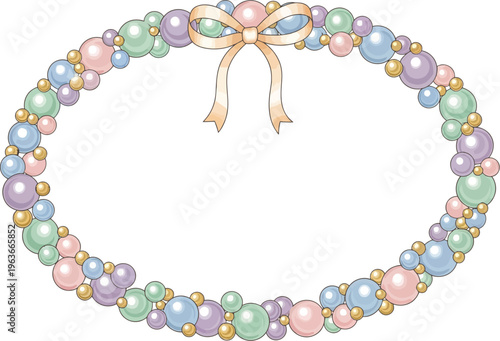 A beautiful illustration of a pastel colored beaded wreath with a ribbon bow on a white background
