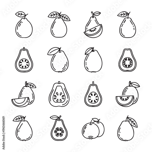 Guava Fruit Line Art Icons: Whole Halved Sliced and Leafy Variations
