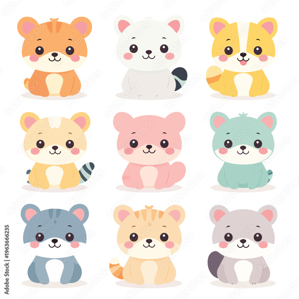 Obraz premium Cute baby animals collection illustrated in a kawaii style, featuring soft pastel colors, simple shapes, and adorable smiling faces. This clean vector illustration set is designed on a white backgroun