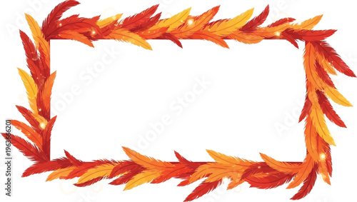 A vibrant square frame adorned with colorful feathers on a white background