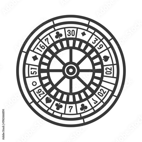 A detailed illustration of a casino roulette wheel in monochrome
