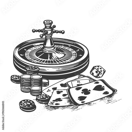 A casino game setup featuring a roulette wheel and cards