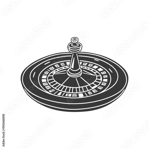 The illustration depicts a casino roulette wheel in grayscale format