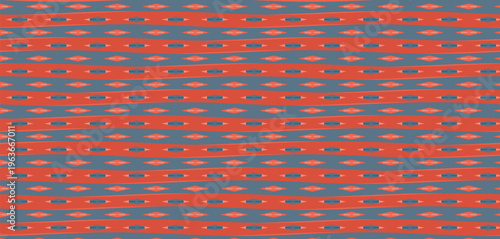 Seamless Abstract Geometric Pattern with Wavy Terracotta and Dusty Blue Stripes, Tribal Diamond Shapes, Modern Ethnic Background Texture