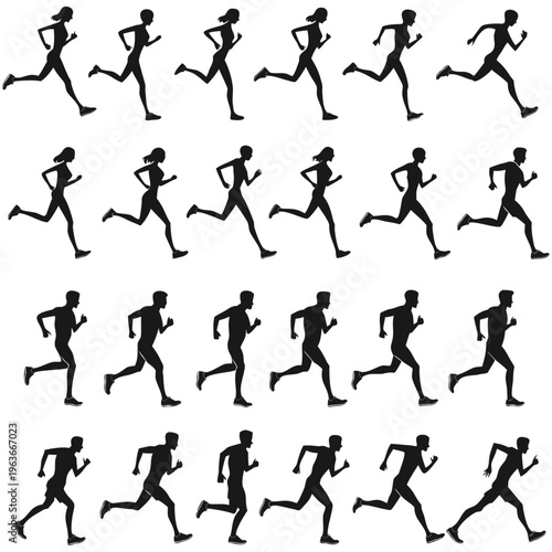 Running men and women, isolated vector silhouettes. Run, side view. Silhouettes of athletic looking male and female runners running.