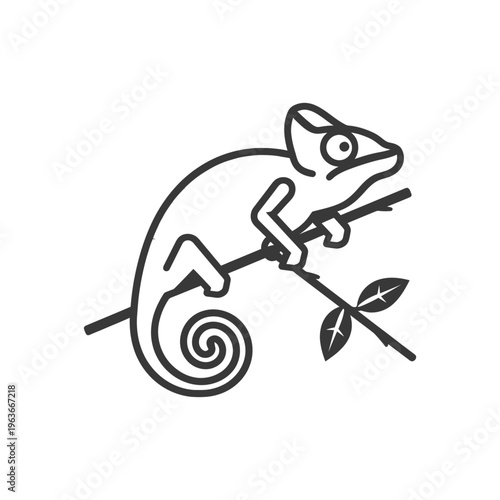 A simplistic monochrome illustration of a chameleon on a branch