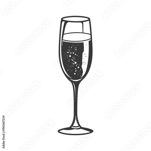 A single drawn champagne flute filled with effervescent liquid