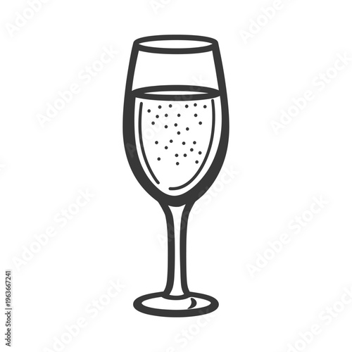 A detailed monochrome illustration of a champagne flute filled with bubbles
