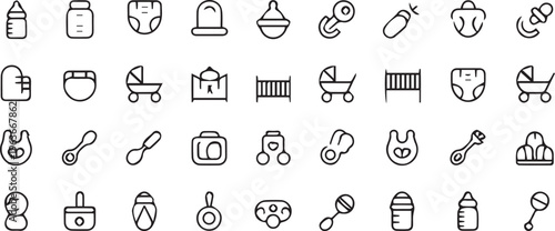 Baby Care Icons, Nursery Symbols, Vector Illustration Set, 30 Black Line Style Elements