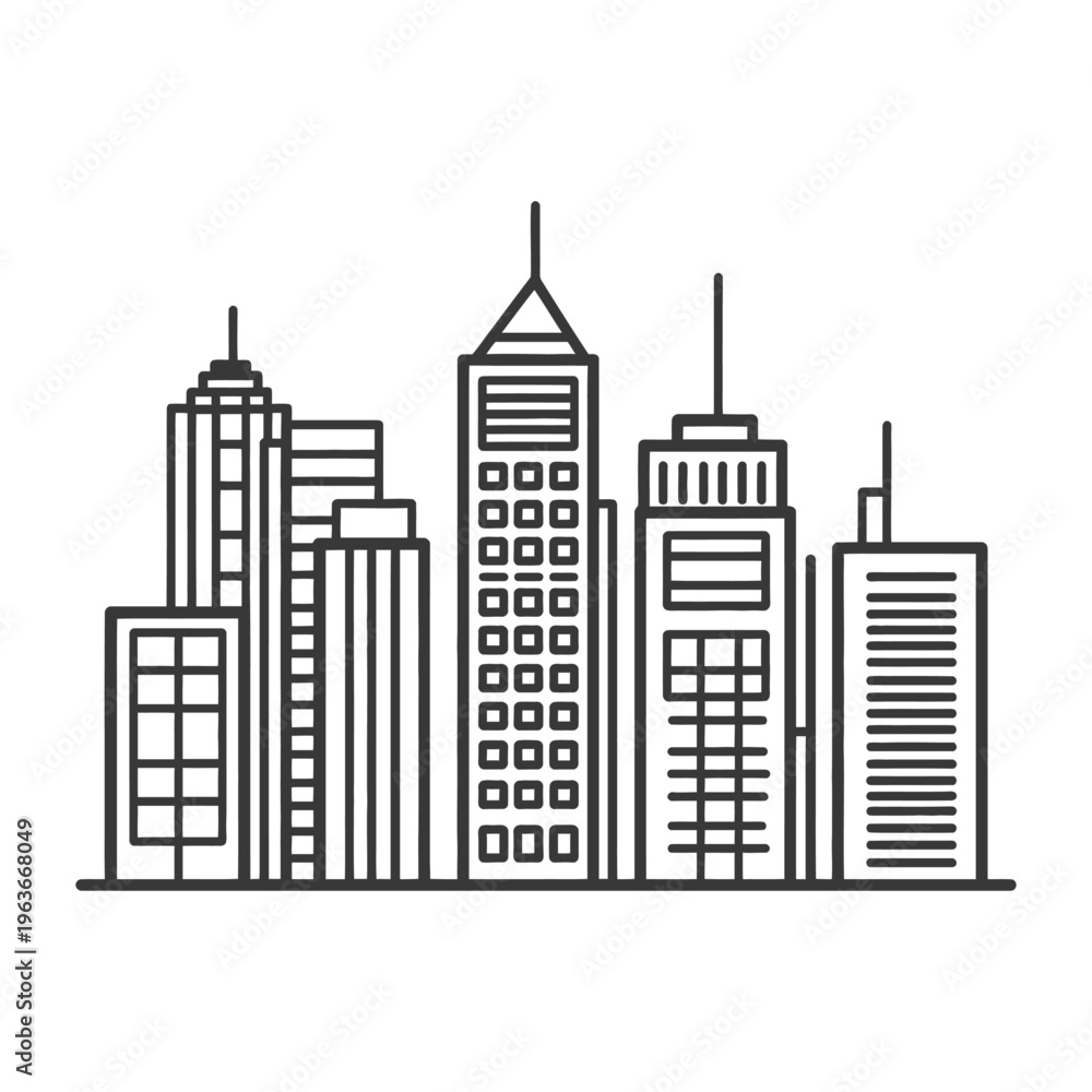 Fototapeta premium A simple black and white line drawing of city buildings