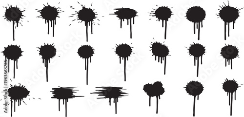Collection of black ink splatter stains on white background