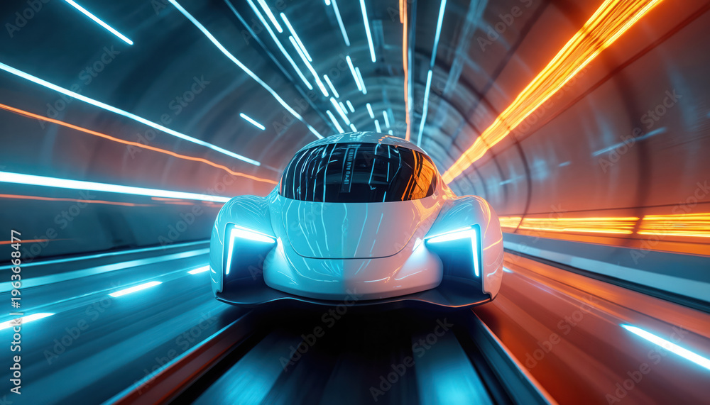 Fototapeta premium Futuristic vehicle speeds through neon lit tunnel. Sleek white pod travels at extreme velocity. Light streaks create motion blur, indicating rapid transit.