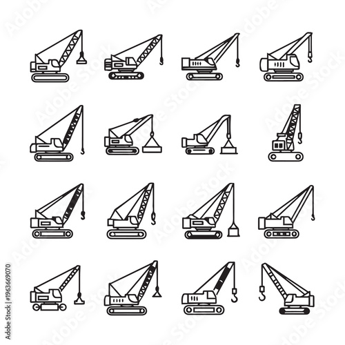 Crane Icons Collection: Construction Equipment Line Art & Engineering Machinery Vector Set