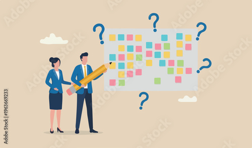 Business brainstorming, meeting to set target and get solution to solve problem or scrum agile method concept, businessman and woman coworkers, colleagues holding pencil with sticky notes the wall