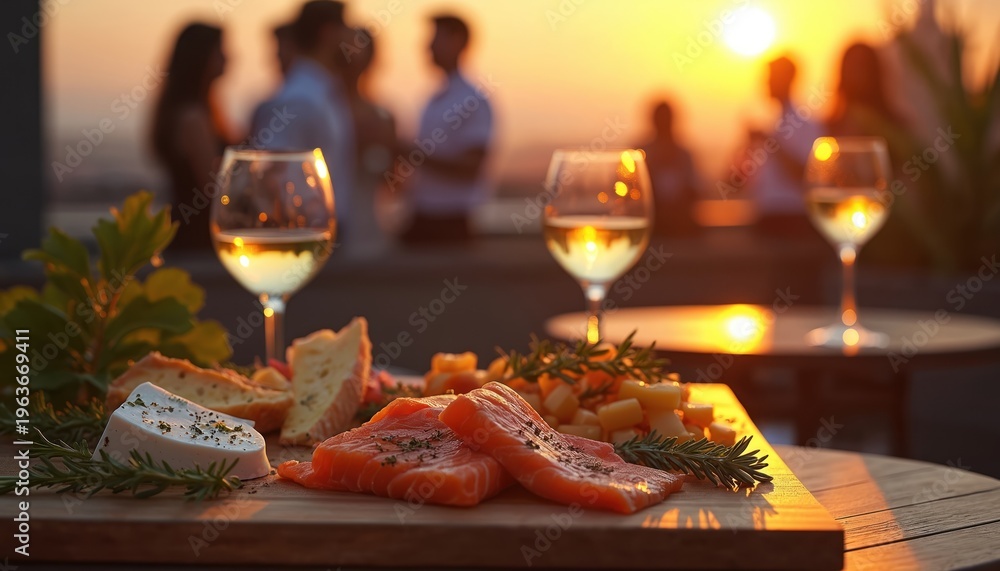 Naklejka premium People gather on rooftop at sunset for wine and cheese tasting. Salmon appetizer served with bread and herbs. Friends enjoy warm evening drinks and food.