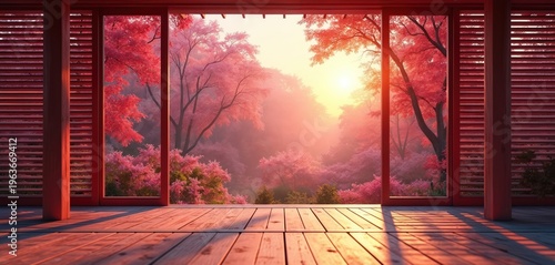 View of sunlit forest with pink trees through open wooden doors. Peaceful scene shows mist, natural beauty, and tranquil ambiance, ideal for relaxation themes.