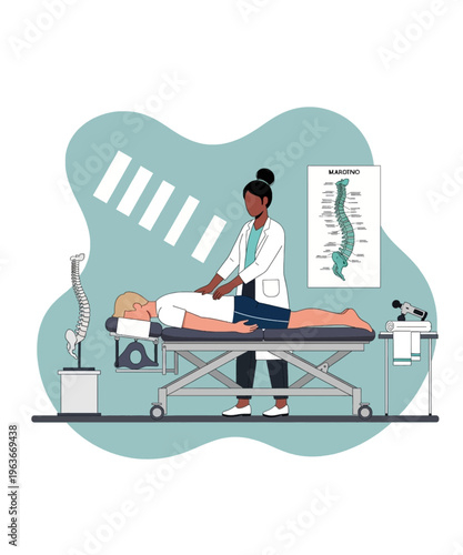 Female chiropractor performs spinal adjustment on male patient lying prone upon a specialized treatment table