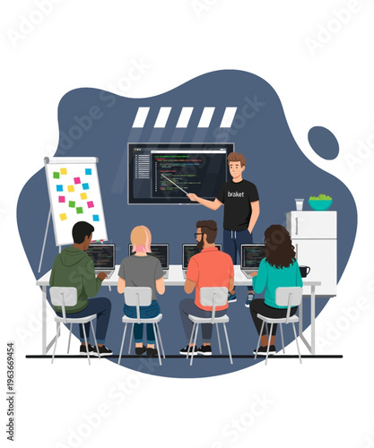 Instructor pointing at computer code on screen teaching diverse students in a modern classroom setting