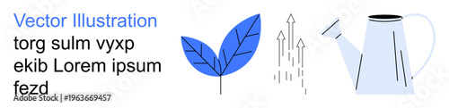 Environmental sustainability, growth, eco-awareness, gardening, green living, and education. A blue leaf, growing arrows and a watering can. Environmental sustainability and growth concept