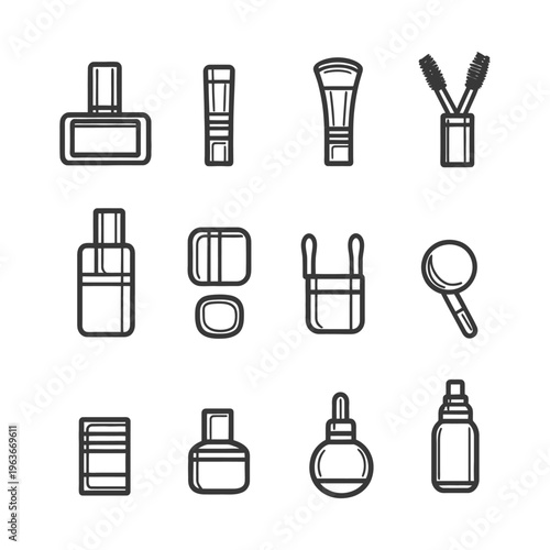 Outlined illustrations depicting cosmetics and beauty related accessories