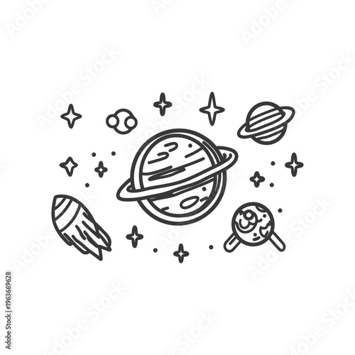 An Illustration of Planets Stars and a Spaceship in Space