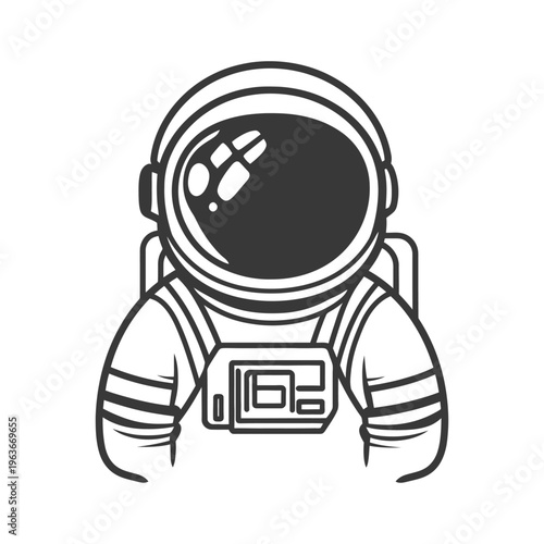 A graphic illustration of a black and white astronaut figure