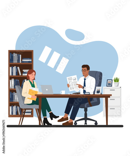 Two business professionals discussing financial reports and data analysis during an important office meeting.