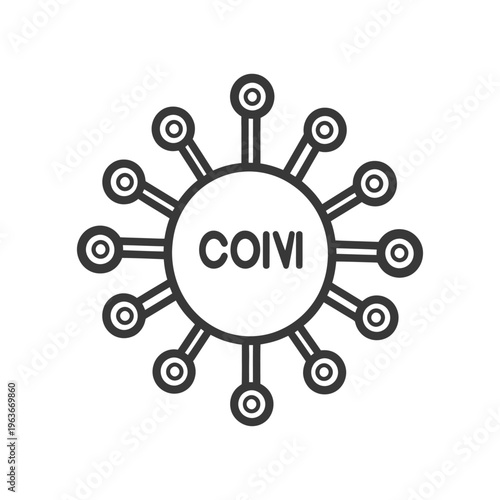 A monochrome illustration depicting a viral structure containing the word coivi