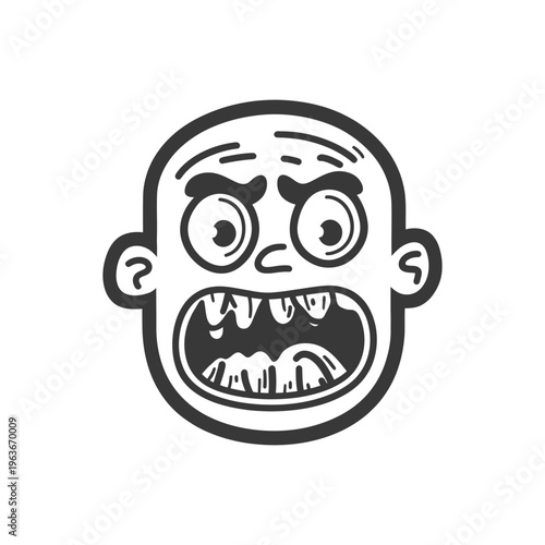 An angry cartoon face with open mouth and surprised eyes