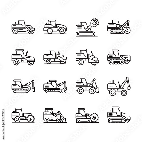 Heavy Construction Equipment Icons: Compactors Excavators Loaders & MoreLine Art Style