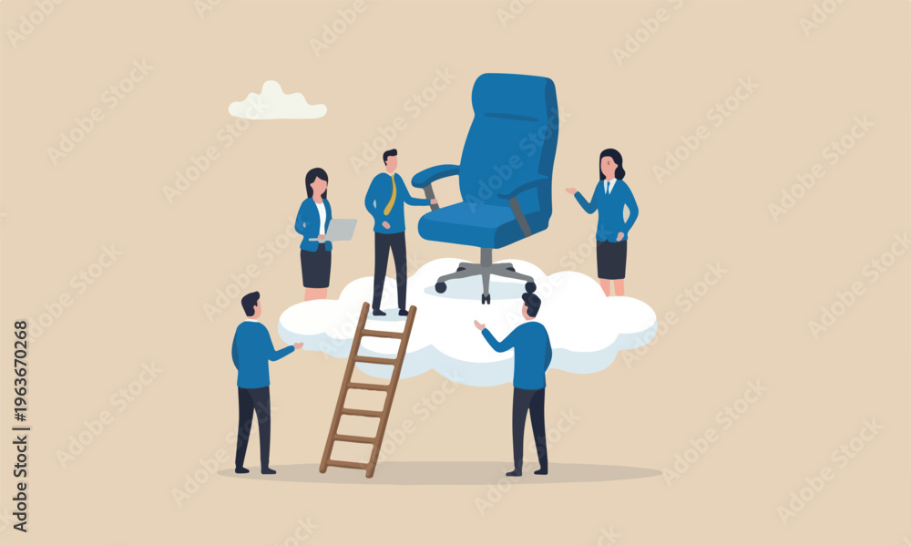 Fototapeta premium Career success promoted management opportunity or ladder of success concept, management office chair on cloud with ladder for talent and employee to climb up