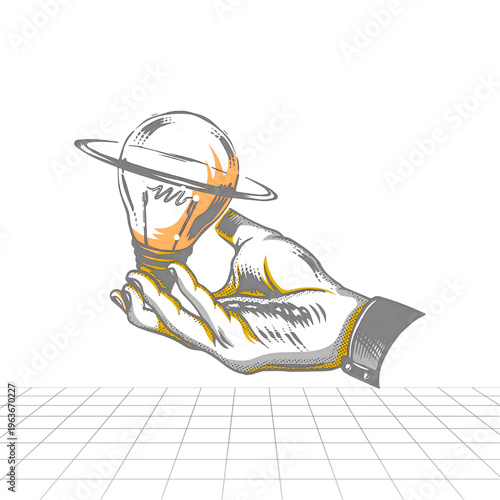 3d illustration of futuristic astronaut helmet with golden visor on grid background