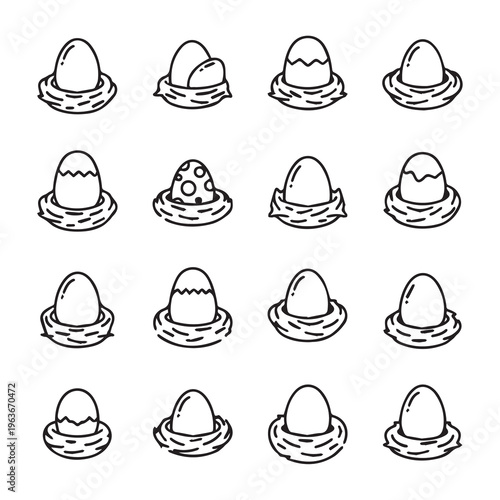 Dinosaur Eggs in Nests Collection: Varied Patterns and Styles Line Art Isolated Icons