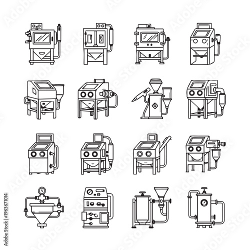 Industrial Equipment Icons: Sandblasting Machines & Systems Clean Line Art Style