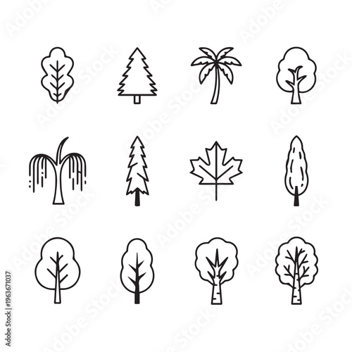 Diverse Tree Icons Collection Simple Outline Graphics Nature Elements Minimalist Design