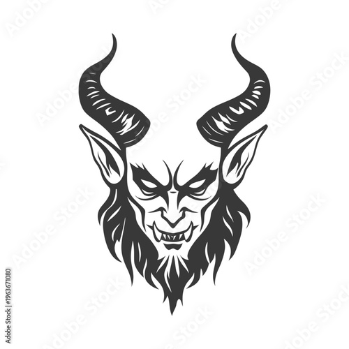 A detailed illustration of a horned demon with sharp teeth