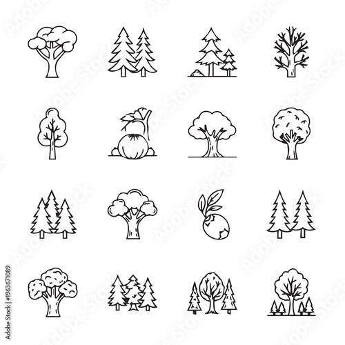 Diverse Tree Icons Collection Vector Line Art Nature Elements for Design Projects