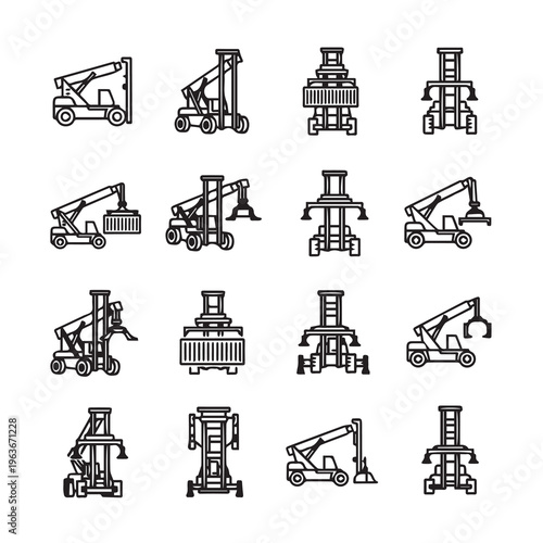 Industrial Lifting Equipment Icons: Container Handlers Reach Stackers Forklifts Cranes