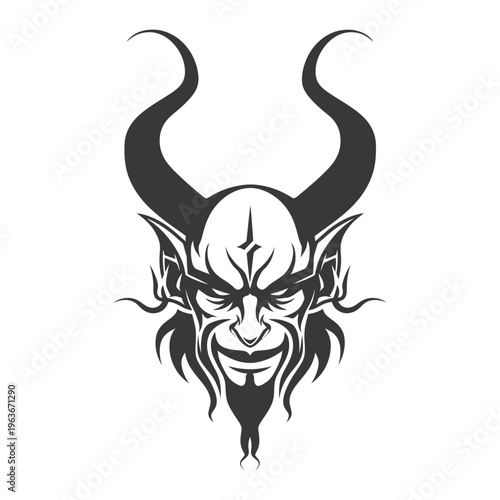 A dark illustration of a horned demon with a sinister smile