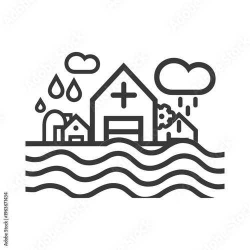A graphic depiction of flooding with houses and rain clouds