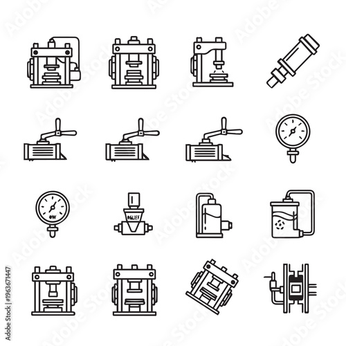 Industrial Machinery Icons Set: Hydraulic Presses Gauges Valves and FiltersClean Line Art