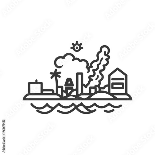 A black and white line drawing shows polluted coastal city