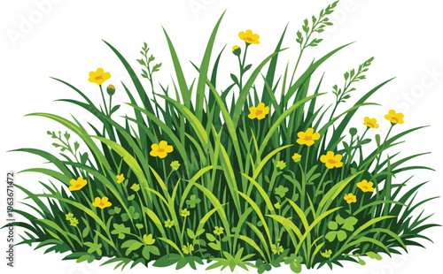 Generate a grass Wild green grass with small yellow flowers , natural vegetation with sharp detail. vector art with white background.