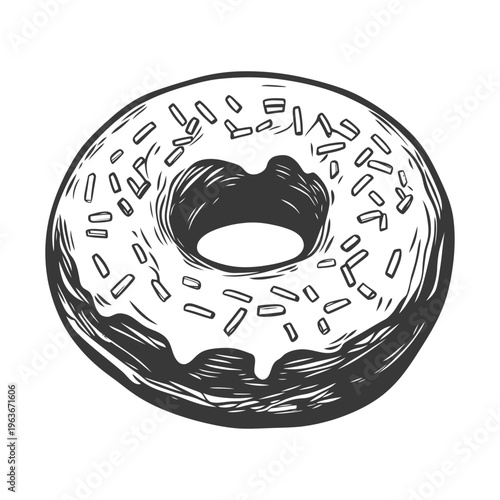 A black and white illustration depicting a sprinkled glazed donut