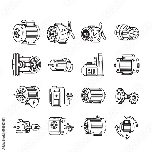 Electric Motors Collection Various Designs Technical Schematics Industrial Components Line Art Style