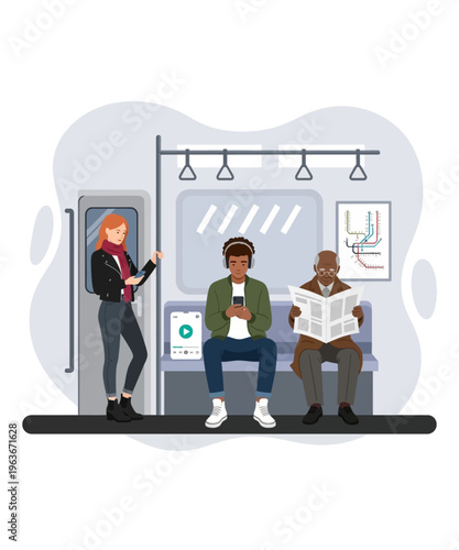 Diverse passengers commute on a subway train, absorbed in their phones, music, and a classic newspaper.